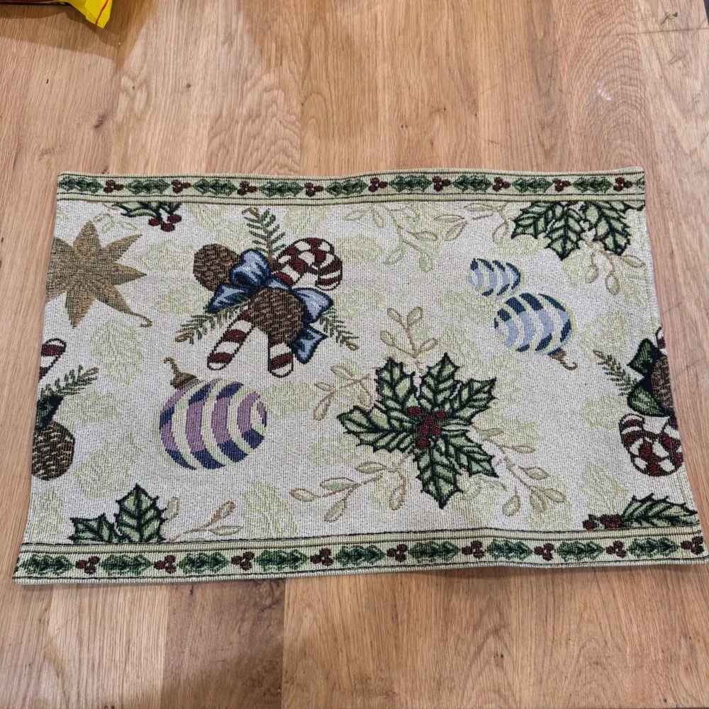 Vintage Christmas Tapestry Placemats Set of 4 Holly Candy Cane Ornament Woven